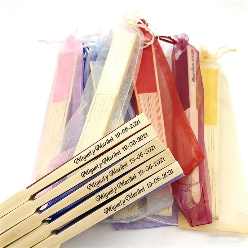20-100pcs Personalized Engraved White Folding Elegant Silk Hand Fan with Gift Bag Wedding & Party