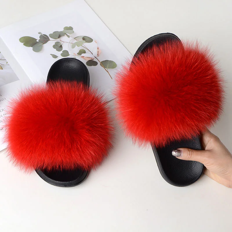 Fur Slippers For Women Summer Fluffy Comfortable Natural Plush Fox Fur Slides Flat Sandals High Quality House Shoes Flip Flops