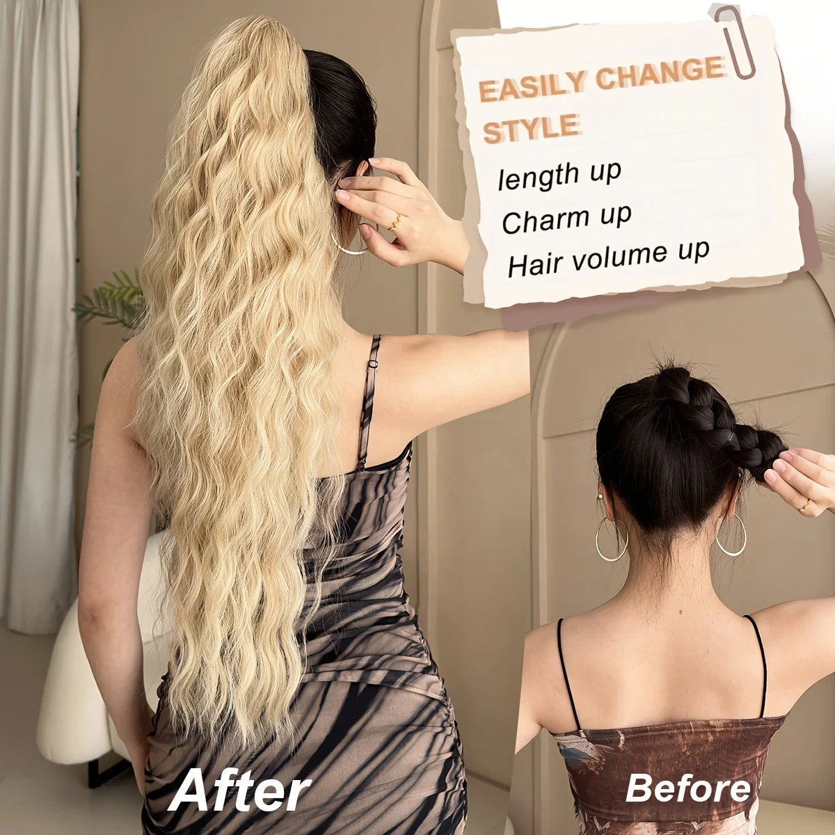 وصلة شعر صناعية على شكل ذيل حصان من AOOSOO على إكسسوارات شعر على شكل ذيل حصان للسيدات، شعر مستعار طويل مجعد طبيعي أسود #3