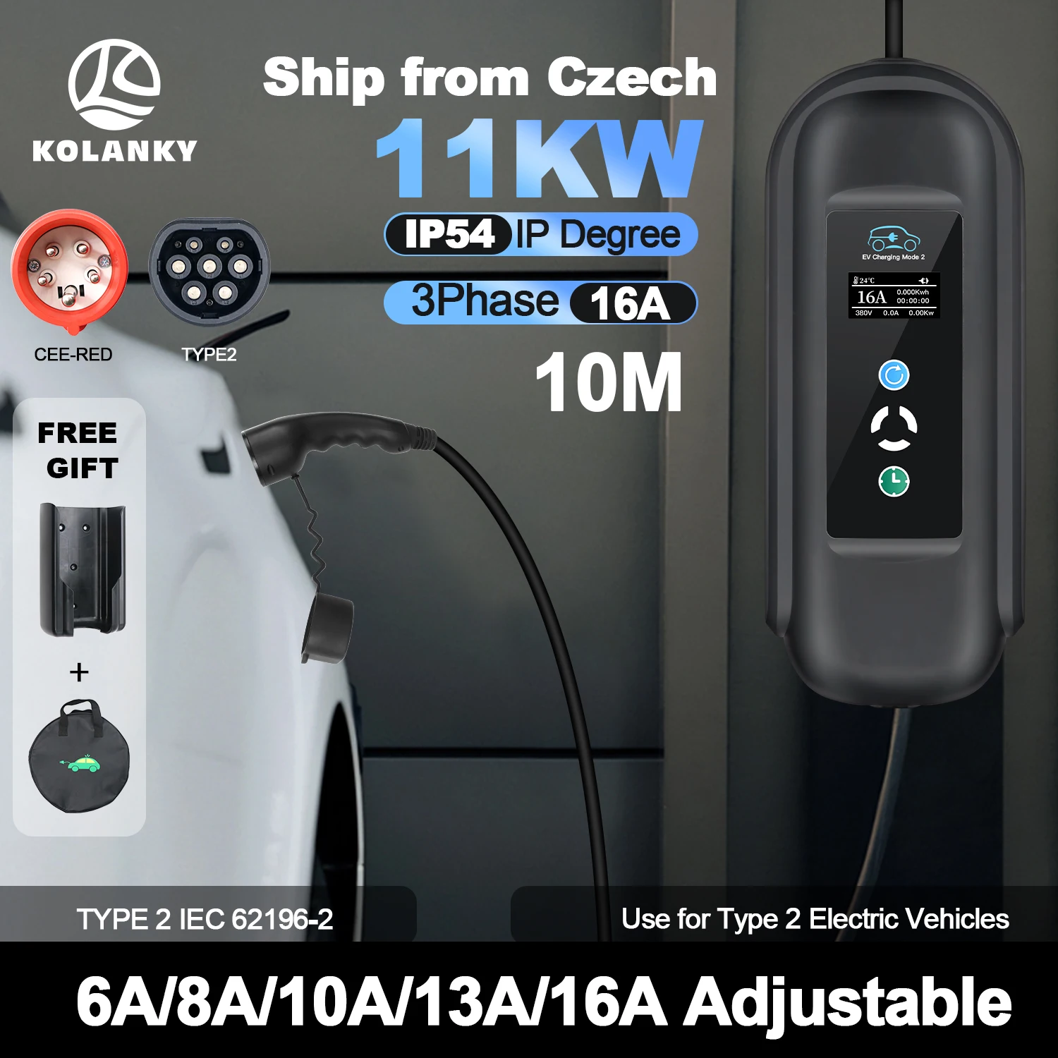 Caricatore mobile EV 16A 11KW Tipo 2 IEC-62169 Spina Regolazione timer corrente di ricarica per auto elettriche ibridi Cavo da 10 M