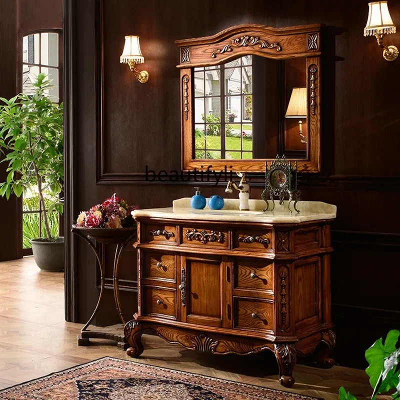 

European bathroom cabinet Red oak solid wood American washstand Marble washbasin