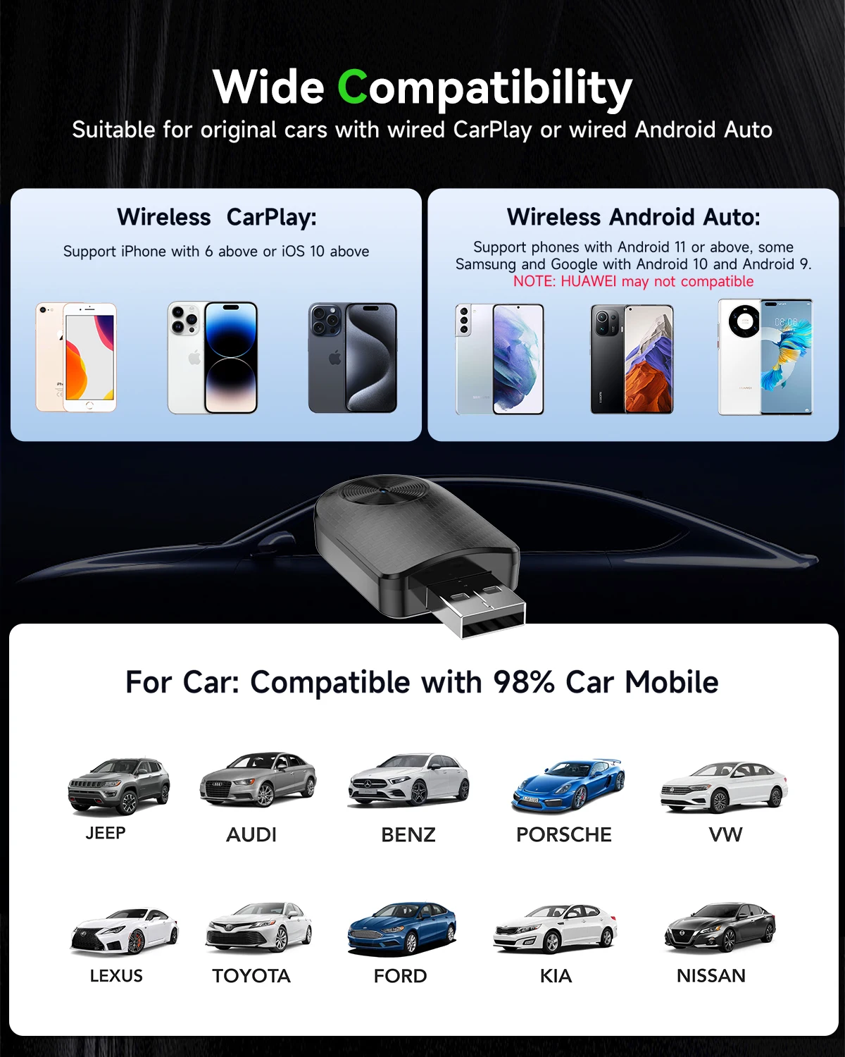 محول CarPlay السلكي الصغير إلى اللاسلكي، توصيل وتوصيل توصيل تلقائي للسيارات السلكية المتوافقة مع هاتف iPhone وAndroid A #6