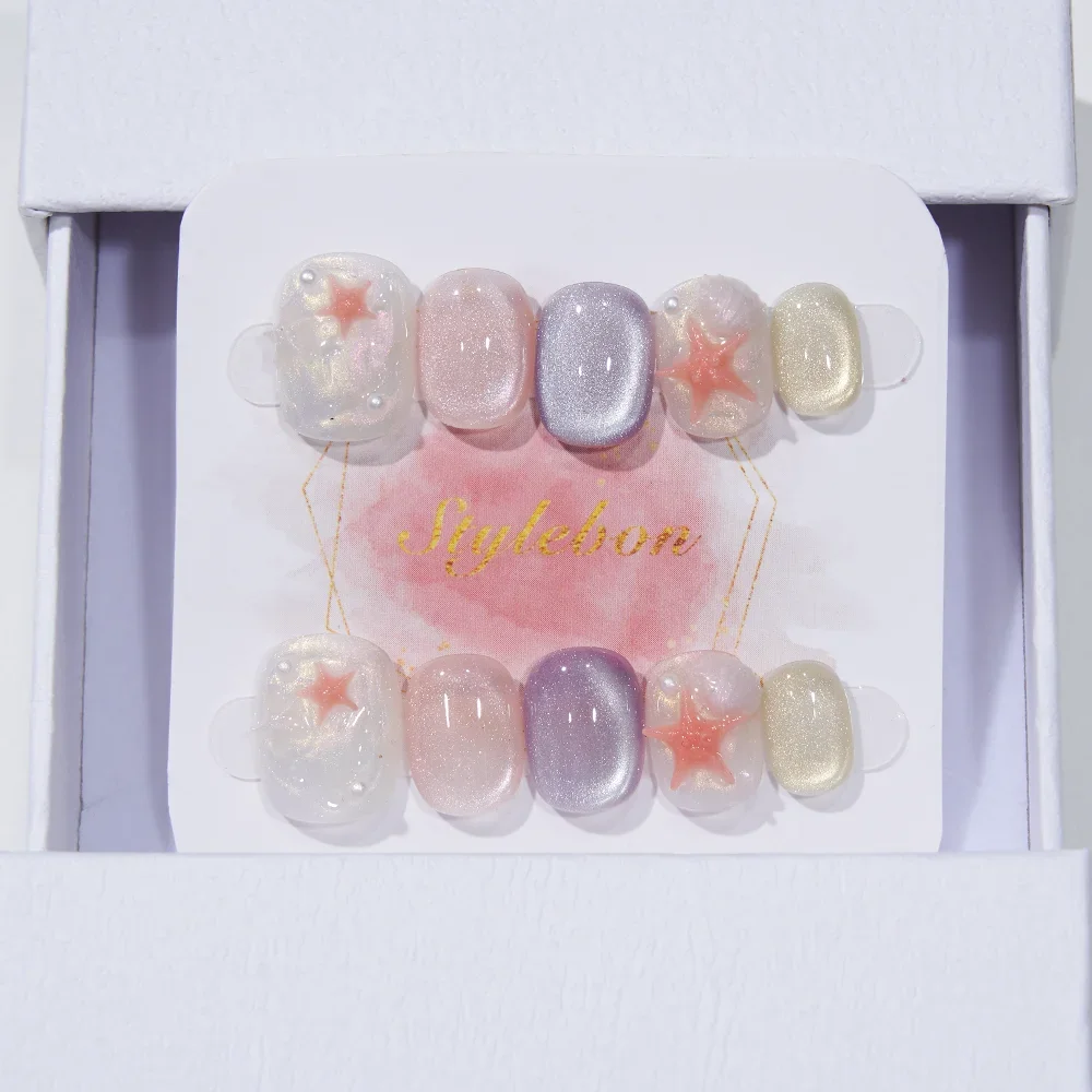 

10pcs Fashion Short Oval Shape Press on Nails Set Acrylic Nails Pink Solid Cat Eye Star Glitter Bling Fake Nails for Women/Girls