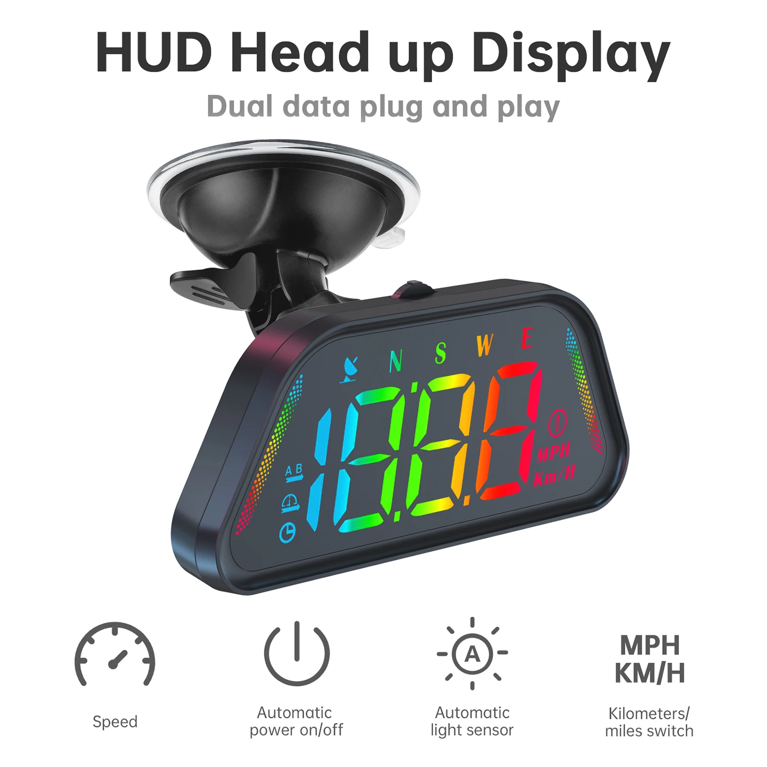 Universal 7 Display Modes&Diverse Color Real-Time MPH/KMH Conversion Enhanced GPS Car HUD Speedometer for All Vehicles 360°Mount