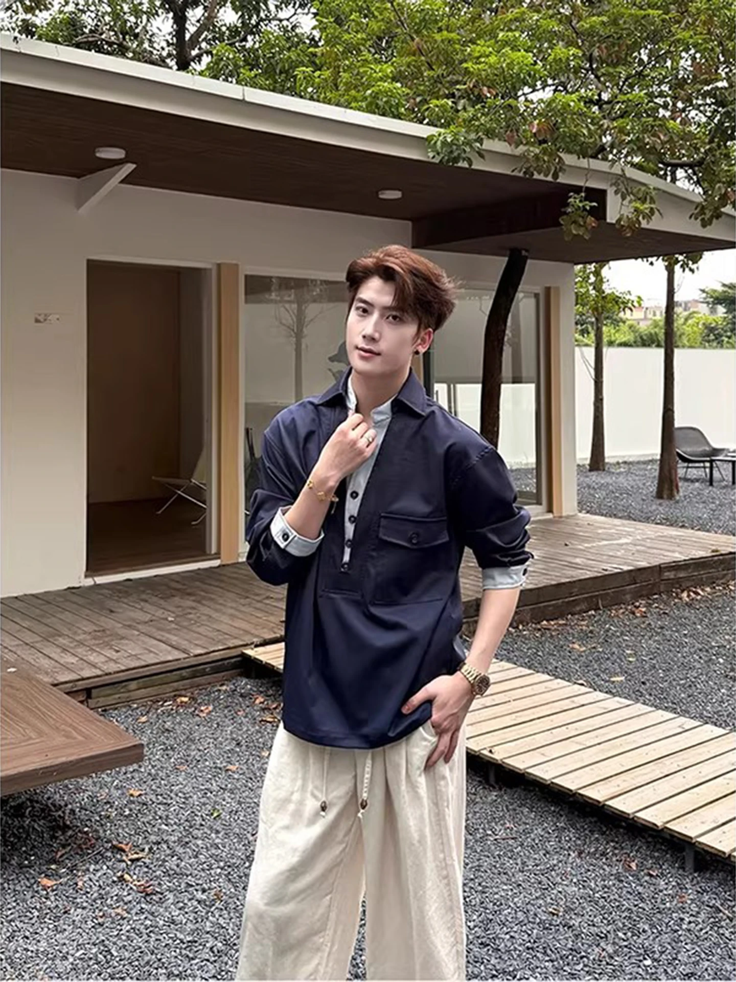 

Casual Sle Men's Long Sve irt V-Ne Fake Two-Piece Loose Fit Spring Autumn High Sensation Cool Haome American Sle