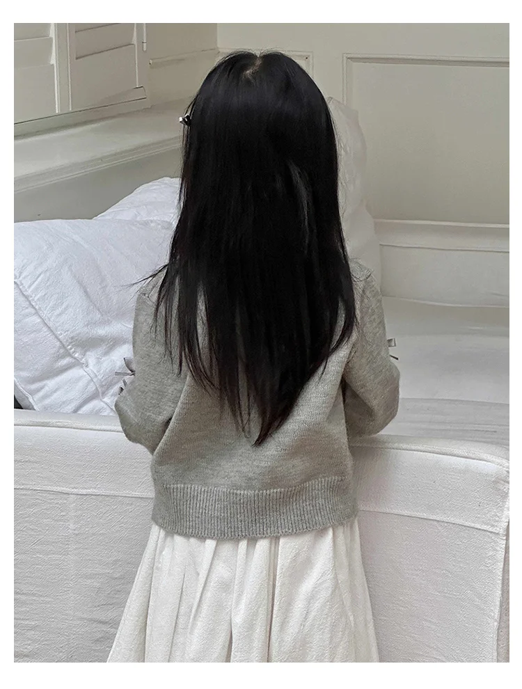 Elegante Schulmädchen-Baumwollpullover in Grau mit Schleifen für Mädchen, Kinder-Strickwaren, Mode für den Herbst, Teenager-Baby-Strickkleidung – Detail 8