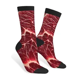 Beef Steak Texture Funny Socks Red Raw Meat Food Meal Novelty Casual Crew Socks Contrast Color Design For Women Men Gift