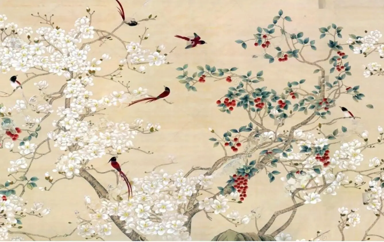 

Фреска нестандартного размера, ручная роспись, цветок и ветка птицы, фреска для украшения дома, ретро ветка, птица, цветок, декоративные 3d обои