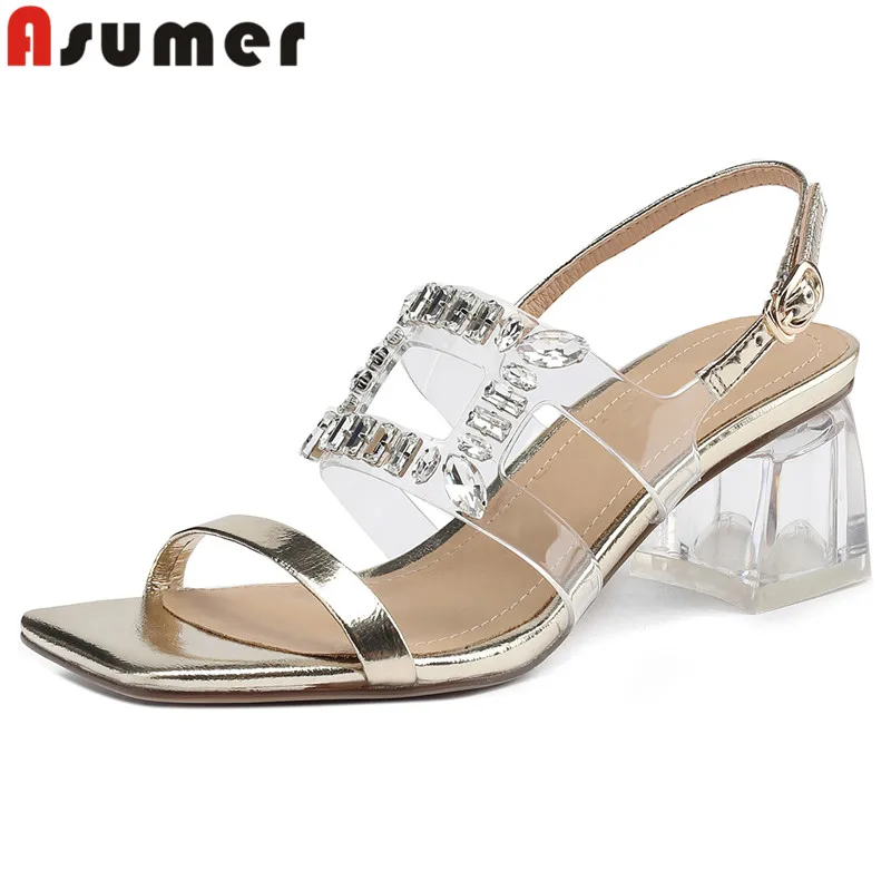 

ASUMER 2024 New Sequined Cloth Buckle Sandals Women Ladies Slingbacks Wedding Shoes Crystal Square Med Heels Sandals