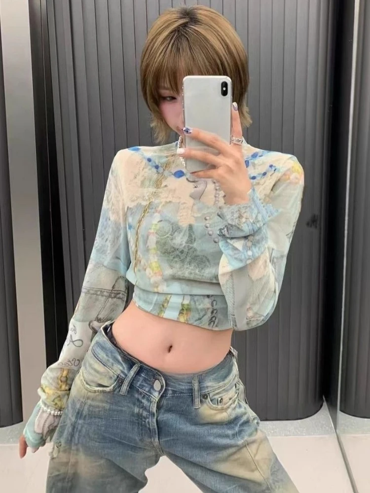 2025 Y2k الجمالية الشاش الطباعة الخريف تي شيرت المرأة Harajuku الجرونج اقتصاص القمم الشارع الشهير الجنية Bodycon انظر من خلال بلايز