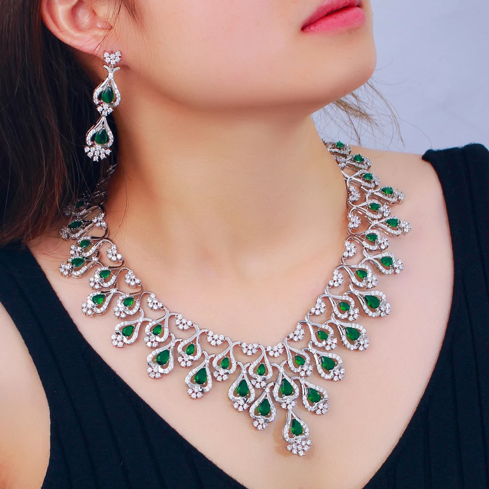 ThreeGraces Luxury Green Cubic Zirconia Wedding Party CZ Necklace Earrings African Dubai Bridal Jewelry Set for Women T1025