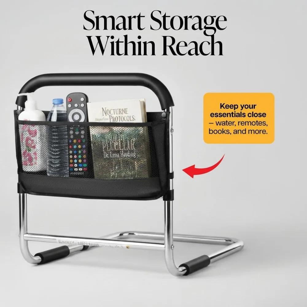 Bed Assist Rail for Seniors, ASTM Approved Safety Bar with Storage Pocket and Floor Support for Easy Bed Access