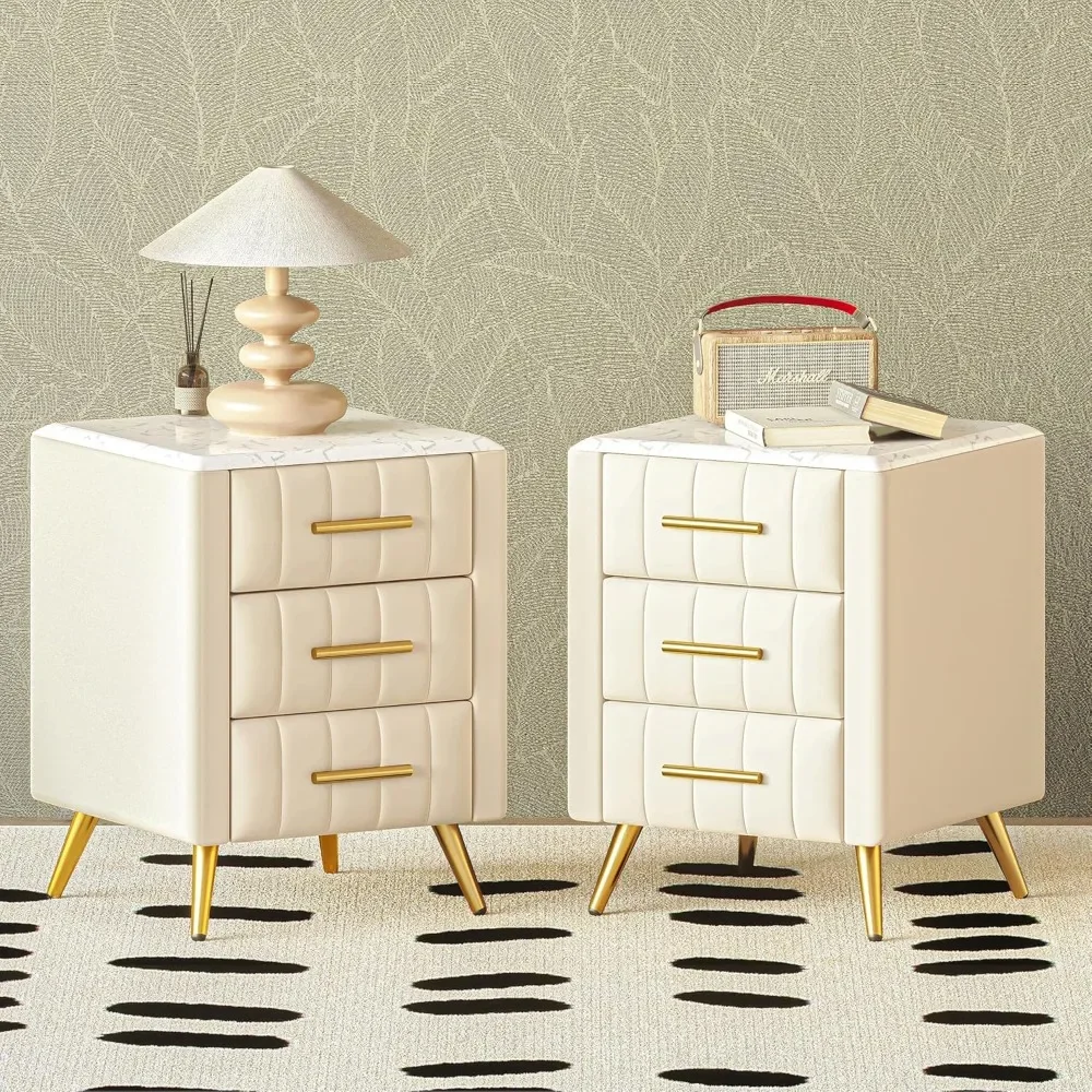 Nightstand with Storage Drawers Set of 2, Upholstered Wood Bedside End Table with Marbling Top, 2 Pack, Beige and Beige