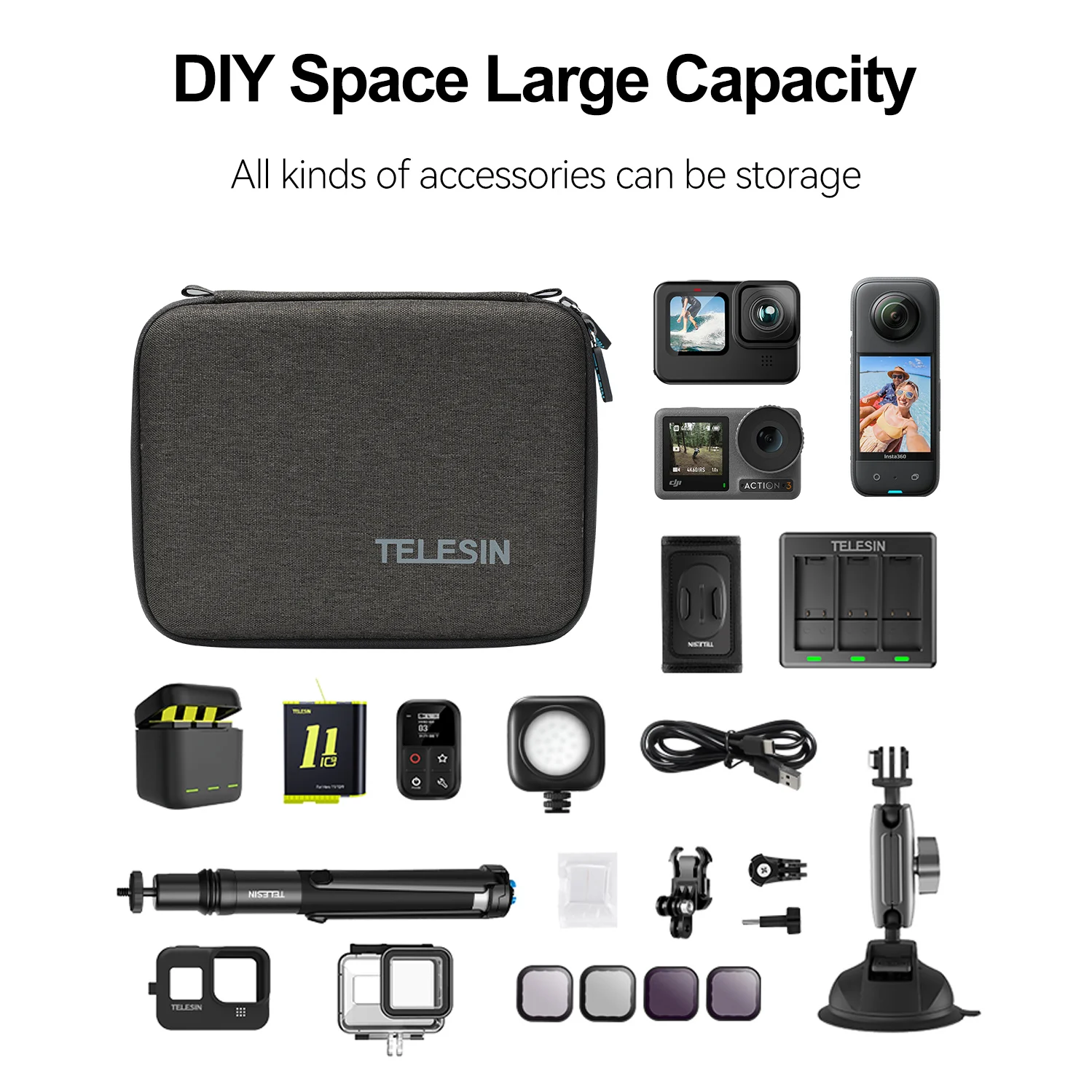 TELESIN DIY Carry Handbag Case Travel Storage Protect Bag for GoPro Hero 13 12 11 10 9 SJCAM DJI OSMO Action 3 4 5 Camera Box