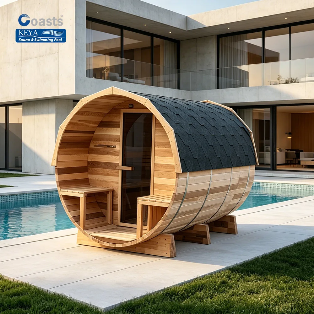 Innovative Europe Outdoor Barrel Sauna Single Piece Red Cedar With Waterproof Fiberglass Tile Roof ETL Smart WiFi Wellness