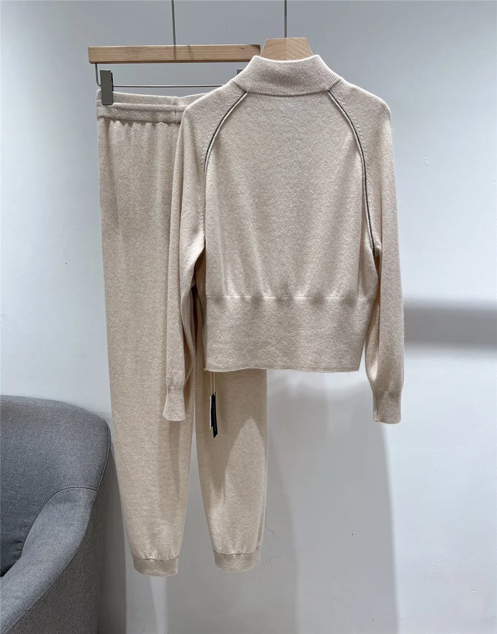 100% Cashmere Long Sleeve Casual Style Knitted Tracksuit Women Two Piece Set