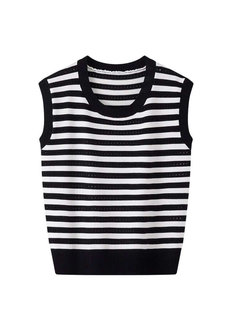 

Женский вязаный жилет JZZDEMM, новинка лета 2025, с вырезами, в полоску, с цветными блоками, круглый вырез, из смесового хлопка