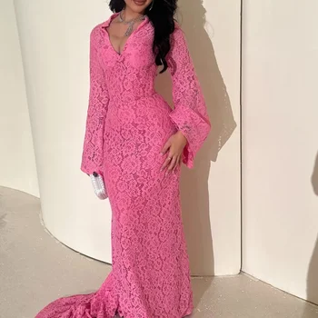 Epoch Uzun Dantel Gece Elbisesi Denizkızı فساتтоутwyn жёл Zarif Aplikler V Yaka Kokteyl Parti Balo Elbisesi Seksi Kadınlar için