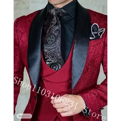 Jacquard Floral Tuxedo Suits For Men Wedding Slim Fit Blazer Burgundy Gentleman Groom Tuexdos Jacket 3 Pieces Male Costume Homme