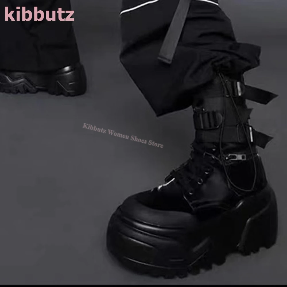 

Motorcycle Mid Calf Boots Platform Belt Buckle Round Toe Height Increasing Solid Color Side Zippers Fashion Punk Rock Sexy Shoes