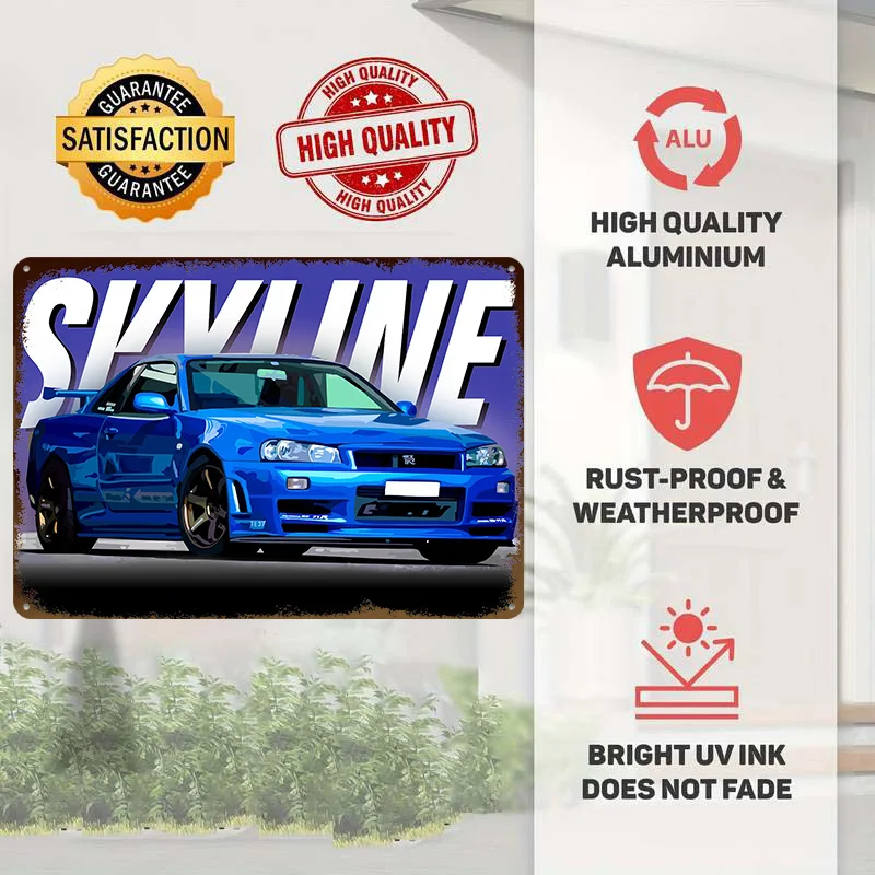 Blue Sports Skyline GT-R R34 Tin Poster Customized Wall Art Retro Vintage Metal Signs for Fans Room Desk Decor Home Decoration