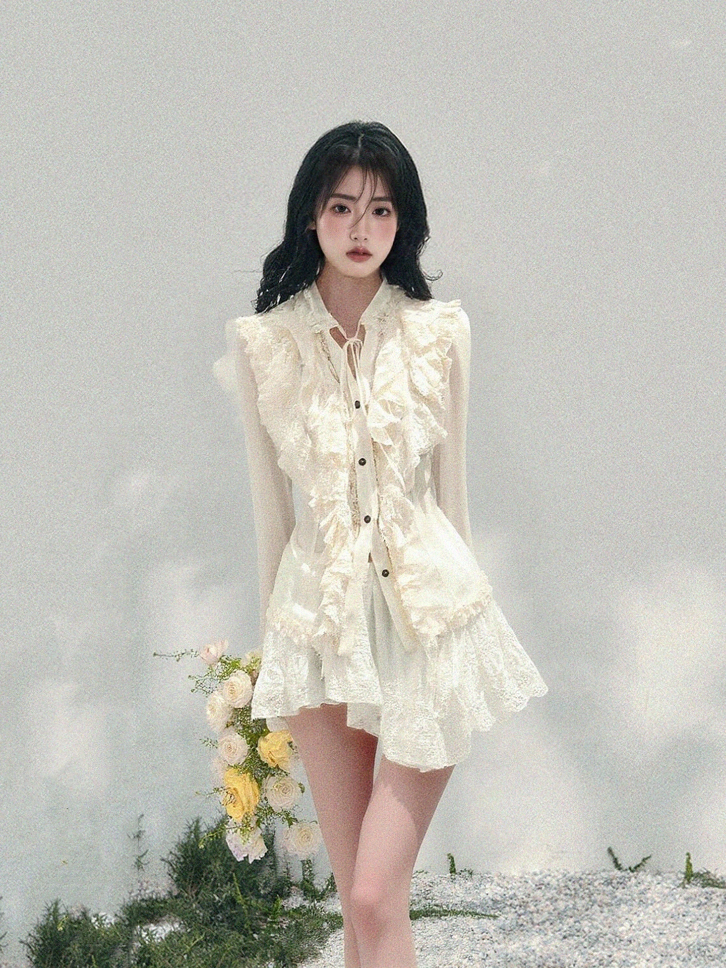 

Женская приталенная блузка LIXIAOWAN Court Sle с длинным рукавом и кружевом, весна 2026, новая модная дышащая модель с V-образным вырезом и пуговицами спереди