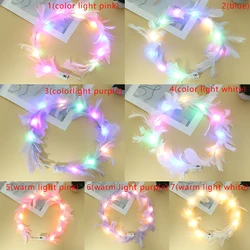 LED Feather Wreath Crown Light-Up Luminous Headdress for Women Girls Wedding Christmas Glow Party Decoration