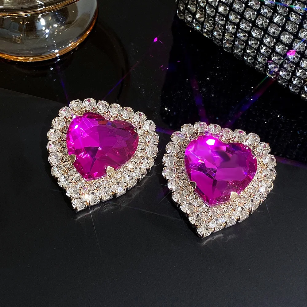 Freetry Luxury Full Rhinestone Heart Stud Earrings for Women Romantic Sparkling Hot Pink Love Earrings Engagement Jewelry