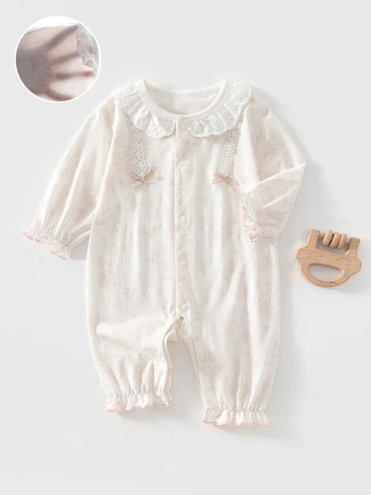 

Летний дышащий повседневный комбинезон для новорожденных девочек 0-2 лет с кружевным воротником, бантом, кружевными манжетами и застежкой на пуговицах