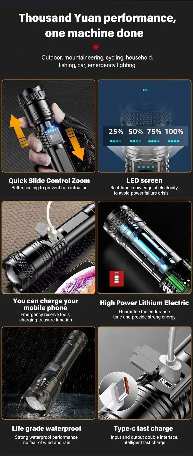 5000LM Ultra Bright Tactical Light Built-in Battery Powerful P70 LED Flashlights Emergency Spotlight Telescopic Zoom Flash Light