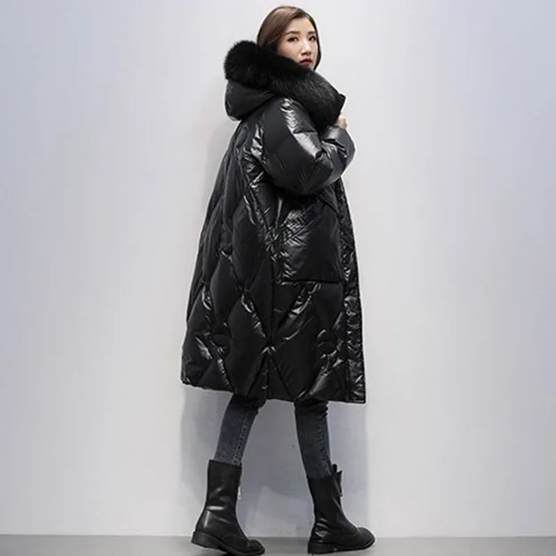 New Oversized Womens Down Cotton Jacket Winter Warm Jackets Coat Long Hooded Fur Collar Parka Overcoat Female Cold Jackets Black