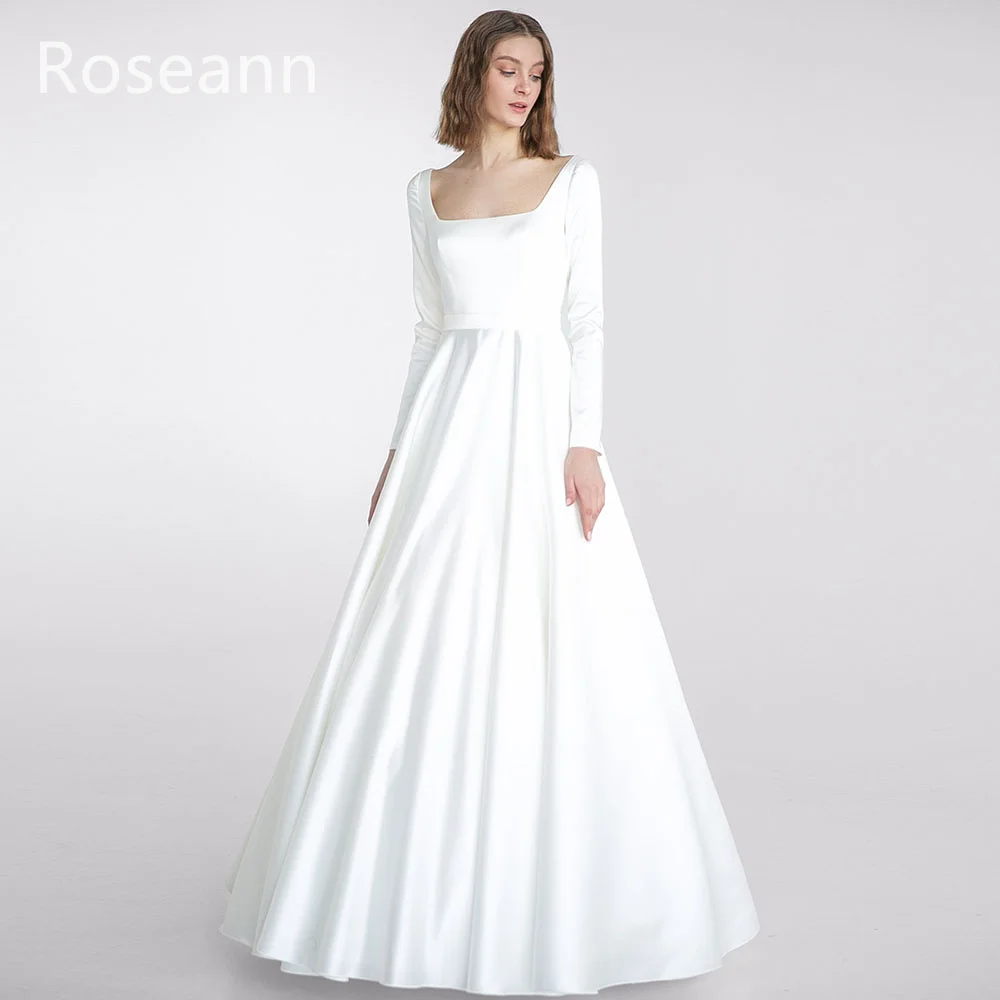 Customized Muslim High Quality Square A-line Wedding Dresses 2025 Ivory Satin Full Bride Dresses Floor Length robe de mariée