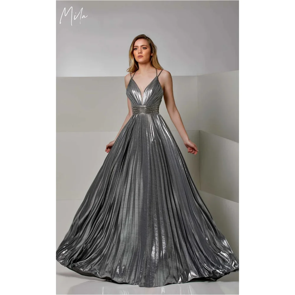 

Мила Серебристо-серые платья для выпускного вечера на тонких бретельках с v-образным вырезом и черными складками по индивидуальному заказу, вечерние платья длиной до пола, платья de gala