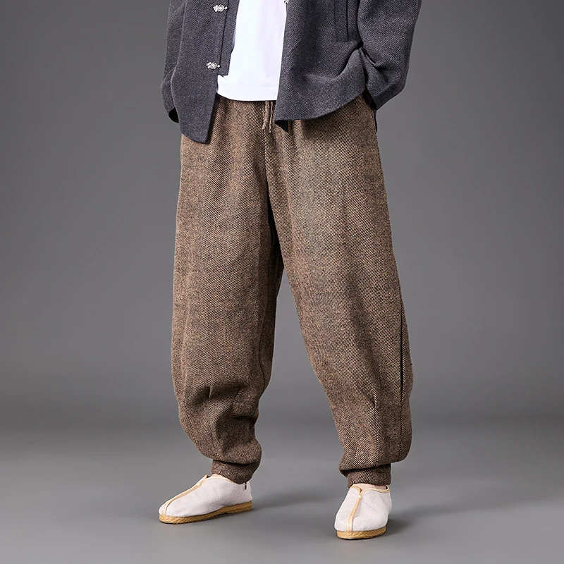 

Мужские шерстяные брюки свободного кроя Мужские повседневные брюки Осень-зима Мужские Harajuku Маленькие свободные брюки в китайском стиле Мужские толстые брюки