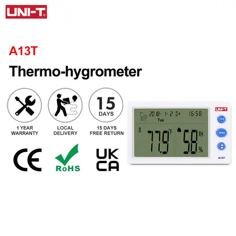 UNI-T 온도 습도 측정기 A13T 실내 온습도계 -10 ℃ ~50 ℃ 디지털 온도계 알람 시계 시간 표시