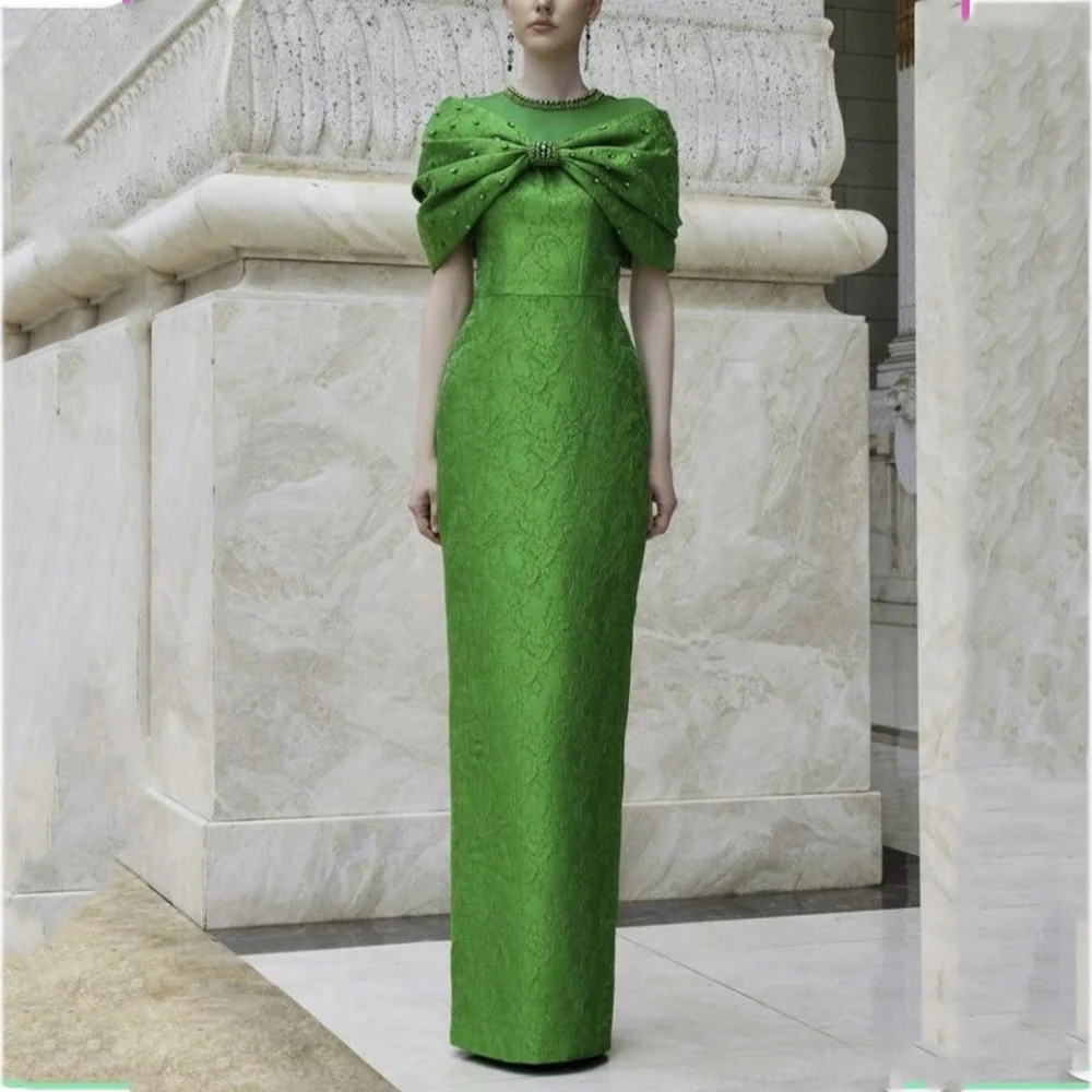 

Green Lace O-Neck Off The Shoulder Evening Dresses For Women Hand Pleats Straight Back Slit Formal Occasion Prom Party Gown