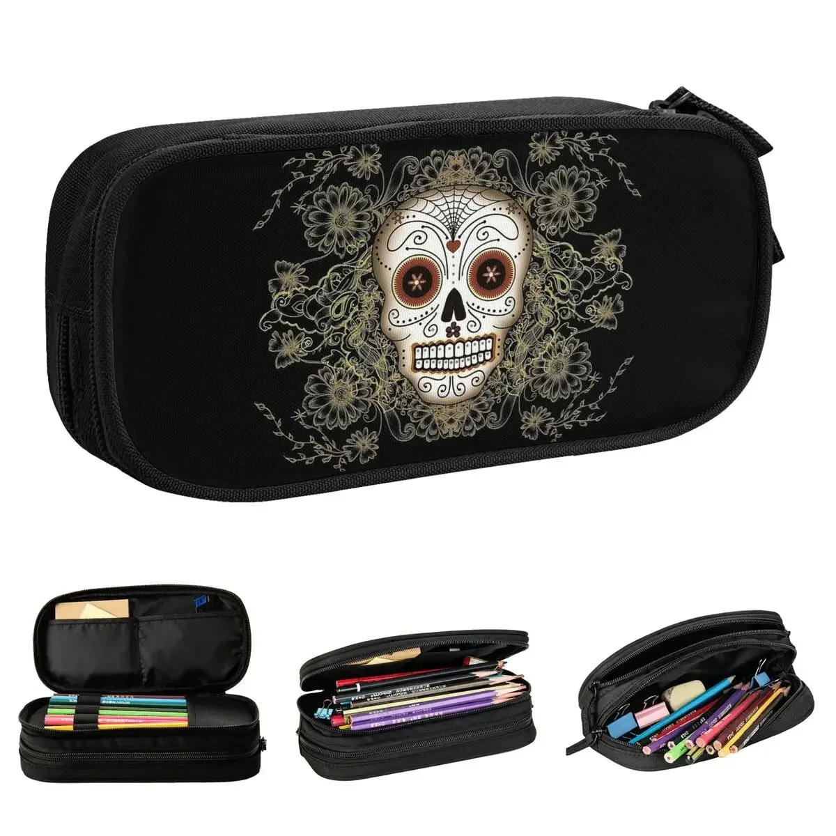 Vintage Sugar Skull Pencil Case Mexican The Day Of Dead Pen Box Bag Kids Big Capacity Students School Cosmetic Pencilcases