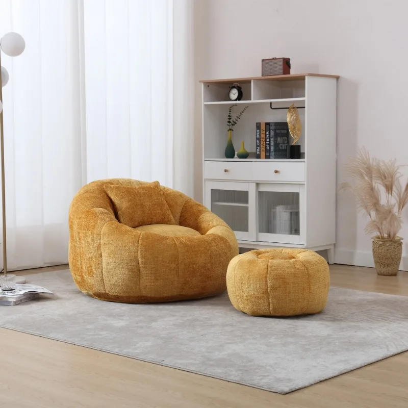 Yellow Corduroy Bean Bag Chair with Ottoman Comfortable Living Room Lounge Chair Soft Single Sofa Home Decor Furniture