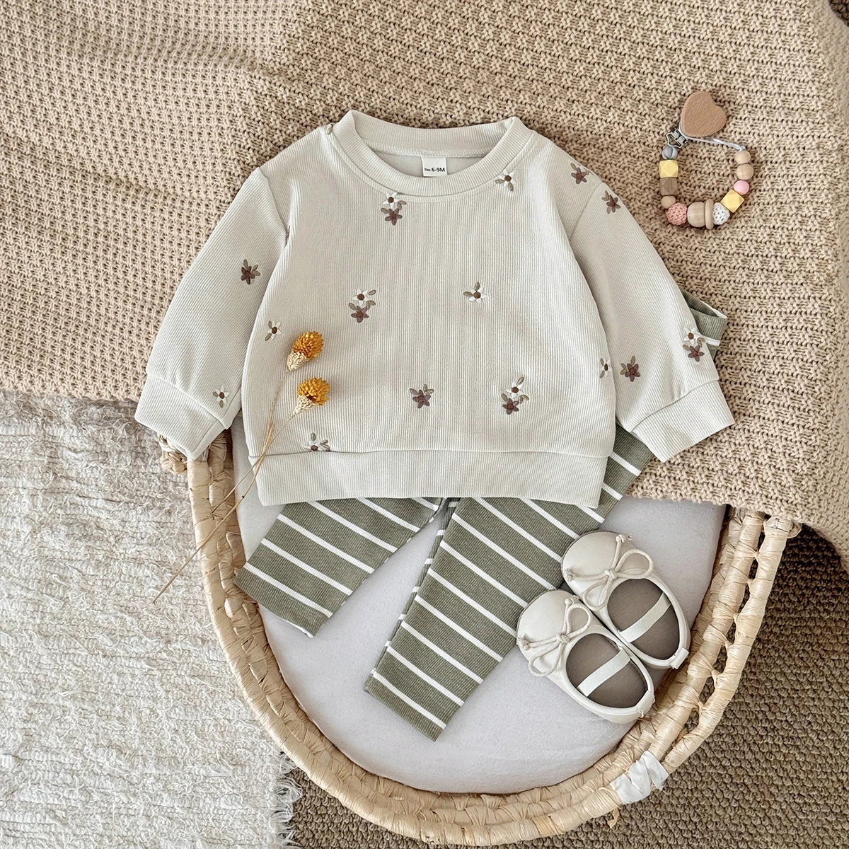 

Baby Girl Clothes New Design Fashion Spring Fall Floral Embroidery Top+Casual Striped Pant Sets Baby Clothes for Newborn
