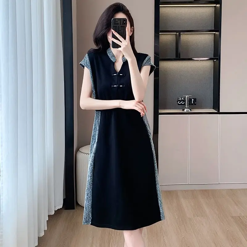 

Slim Slim Chinese Style 2025 Summer New Fashion Spliced short-sleeved Chinese Style Buttoned Temperament Waist-hugging Dress