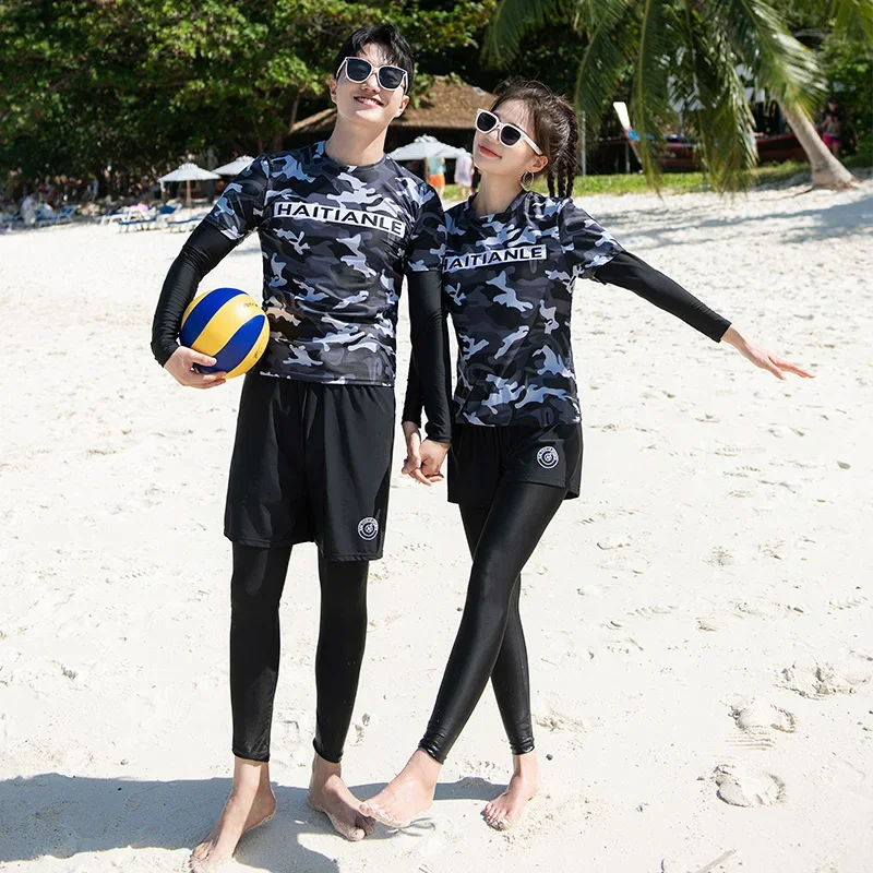 Two-Piece Long Sleeve Rash Guards Long Panty Swimsuit Couple Surfing Suit Camouflage Color Blocking Swimwear Diving Suit Bathing