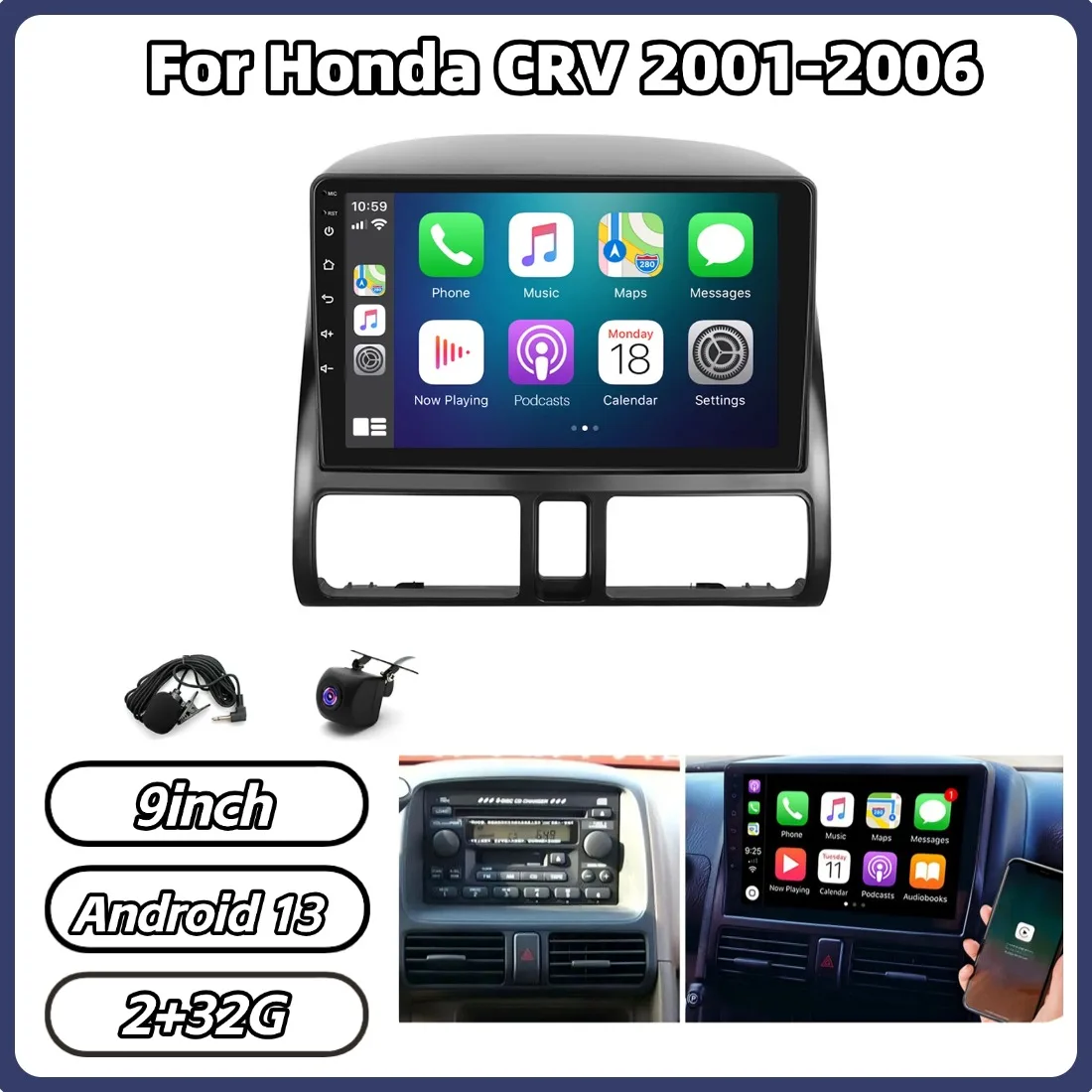 

2+32G 9in Android 13 Car Stereo Radio GPS Navigation For CRV 2001-2006 For Carplay Android Auto Bluetooth Multimedia Player