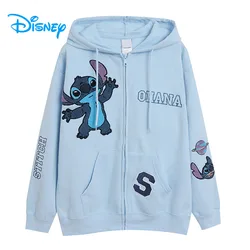 Disney Little Monster Stitch Embroidery Fleece Hooded Sweatshirt Women Casual Zip Up Hoodies Tops Female Cartoon Jumper Jacket