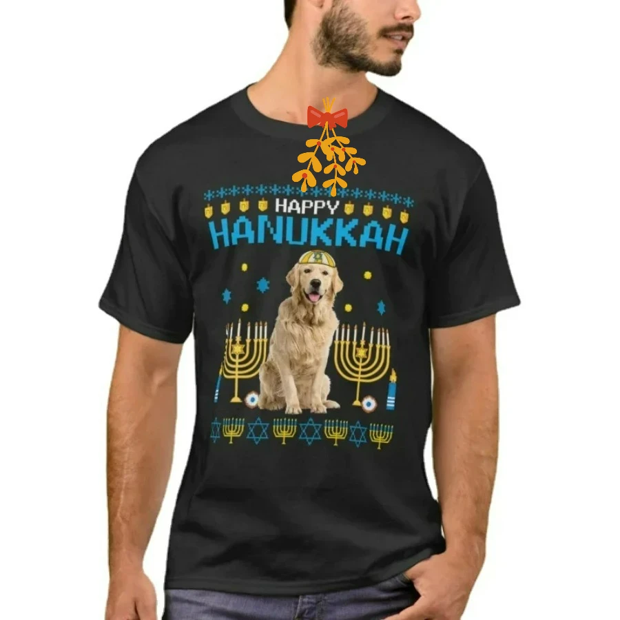 Golden Retriever Chanukah Jewish Ugly Christmas Hanukkah T-Shirt 100% Cotton O-Neck Short Sleeve Casual Mens T-shirt Size S-3XL