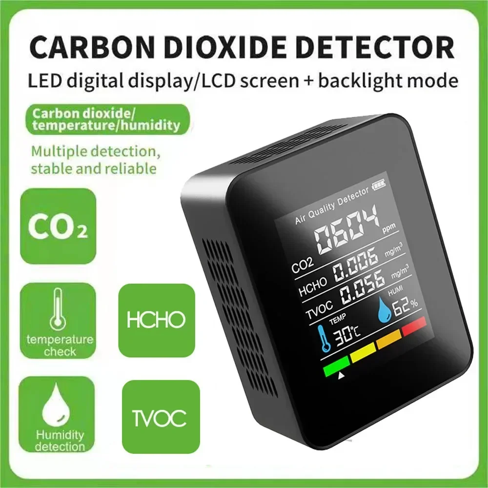 Monitor portátil de calidad del aire 5 en 1, medidor de CO2, Detector de dióxido de carbono, temperatura y humedad, TVOC, HCHO, analizador de Sensor de CO2