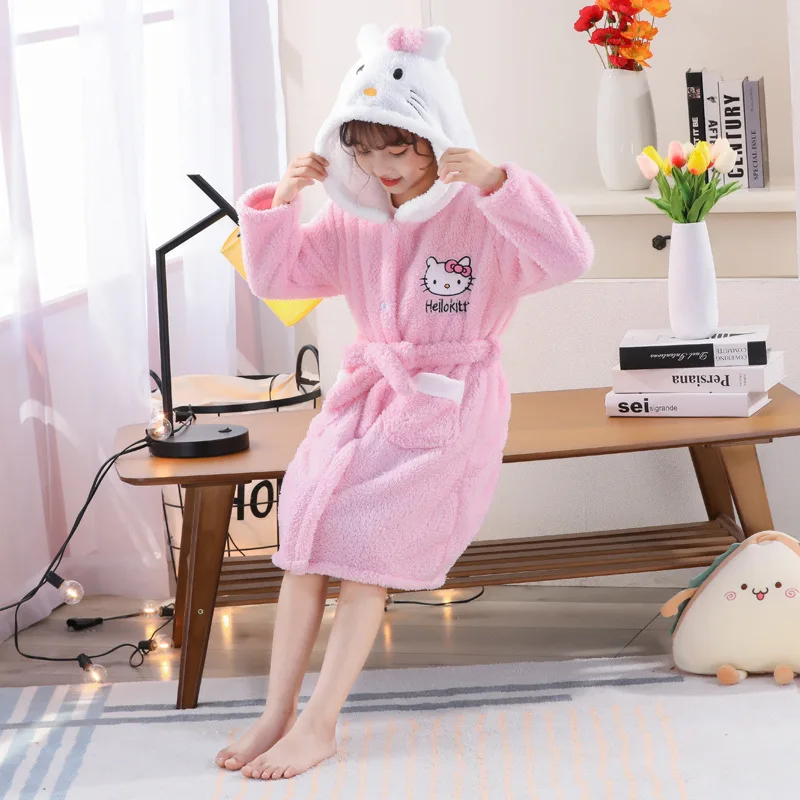 Sanrios Kawaii Hello Kitty Pajamas Coral Velvet Children Girls Heart Cartoon Anime Sleeping Robe Hooded Loungewear Toys Gifts