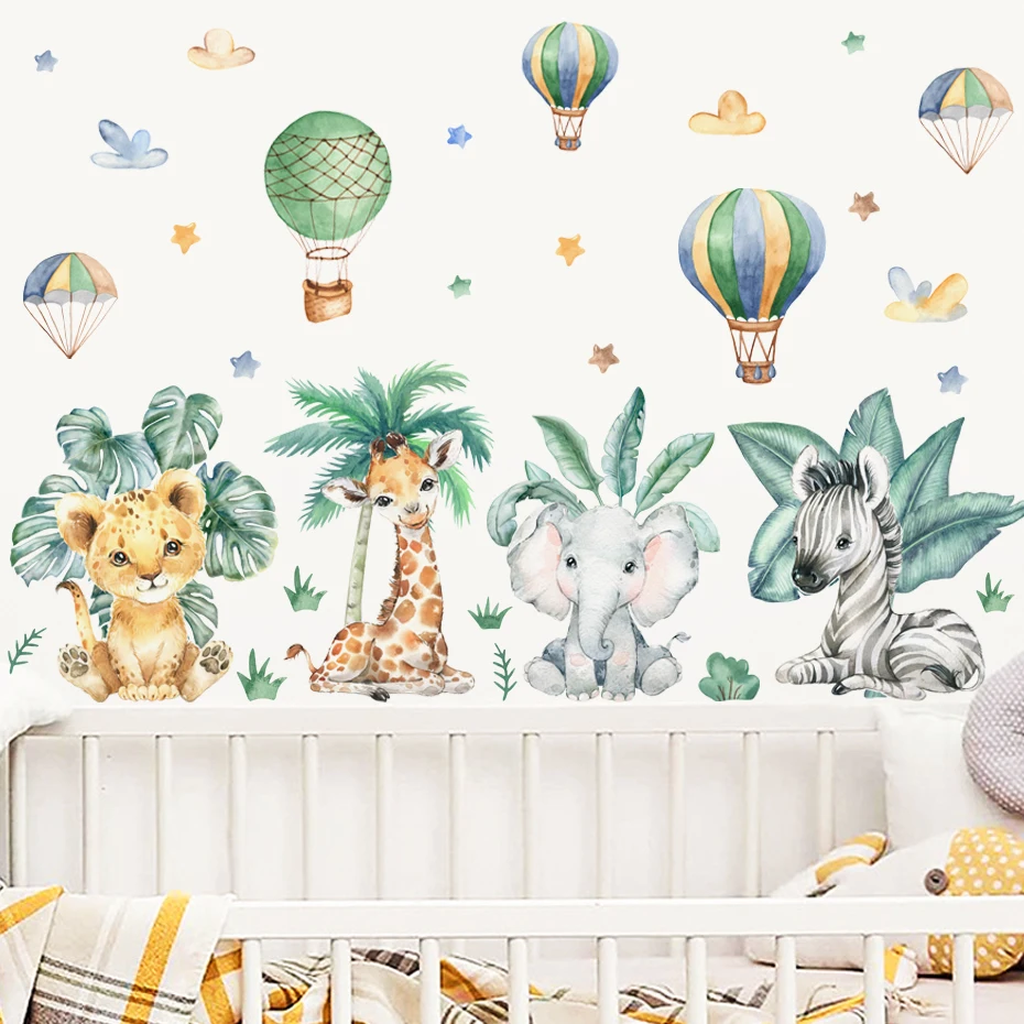 Cartoon Jungle Animals Leaves Watercolor Vinyl Wall Stickers for Kids Room Baby Nursery Room Decoration Elephant Giraffe Sticker