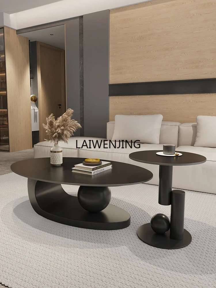 LY Black oval light luxury rock slab coffee table living room small apartment modern minimalist high sense