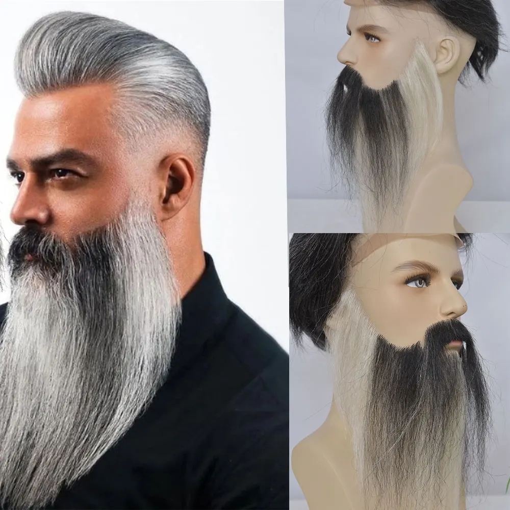 Long Yaki Face Fake Beard Black and White 100% Human Hair Face Beard Mustache For Men Fake Beard Invisible Beard Costume Party