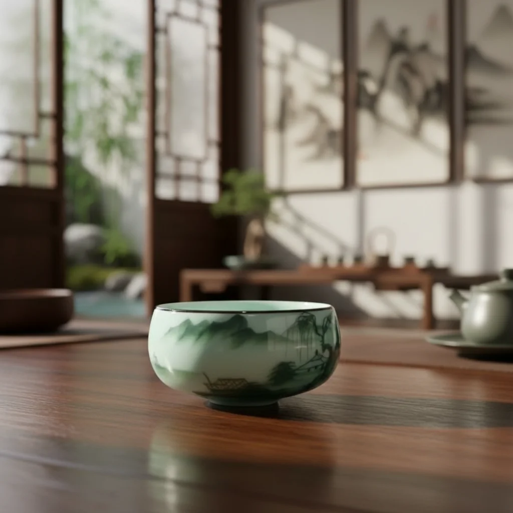 Hand-painted Landscape Pattern Chinese Traditional Celadon Teacup Vintage Double-fish Master Cup Ceramic 55 ML Tea Bowl Gift